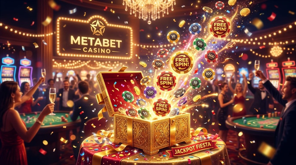 Cofre dorado abierto en ambiente de casino con fichas y campaña Jackpot Fiesta